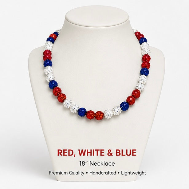 Red White and Blue rhinestone baseball necklace on display stand