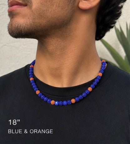 Man wearing Blue and Orange rhinestone baseball necklace 18 inch
