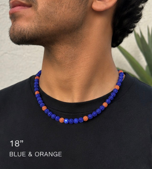 Man wearing Blue and Orange rhinestone baseball necklace 18 inch