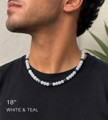 Man wearing White and Teal rhinestone baseball necklace 18 inch