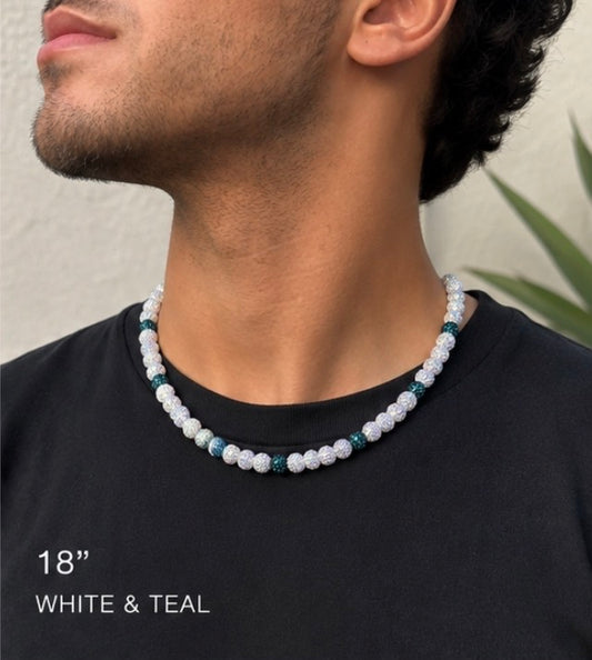 Man wearing White and Teal rhinestone baseball necklace 18 inch