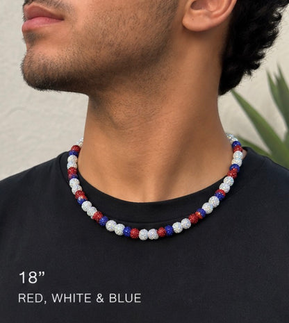 Man wearing Red White and Blue rhinestone baseball necklace 18 inch