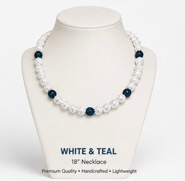 White and Teal rhinestone baseball necklace on display stand